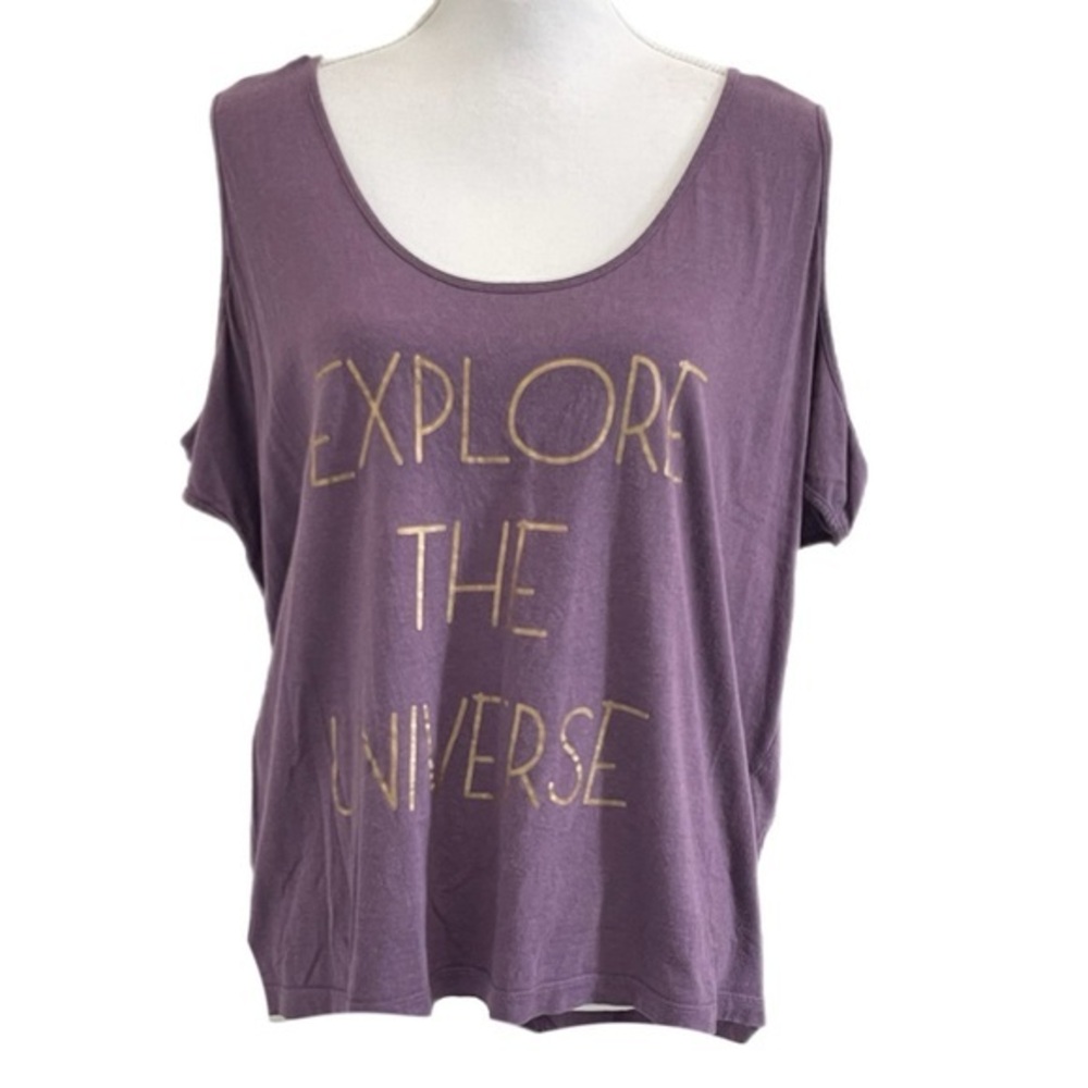 “Explore The Universe” Purple Cold Shoulder Top
